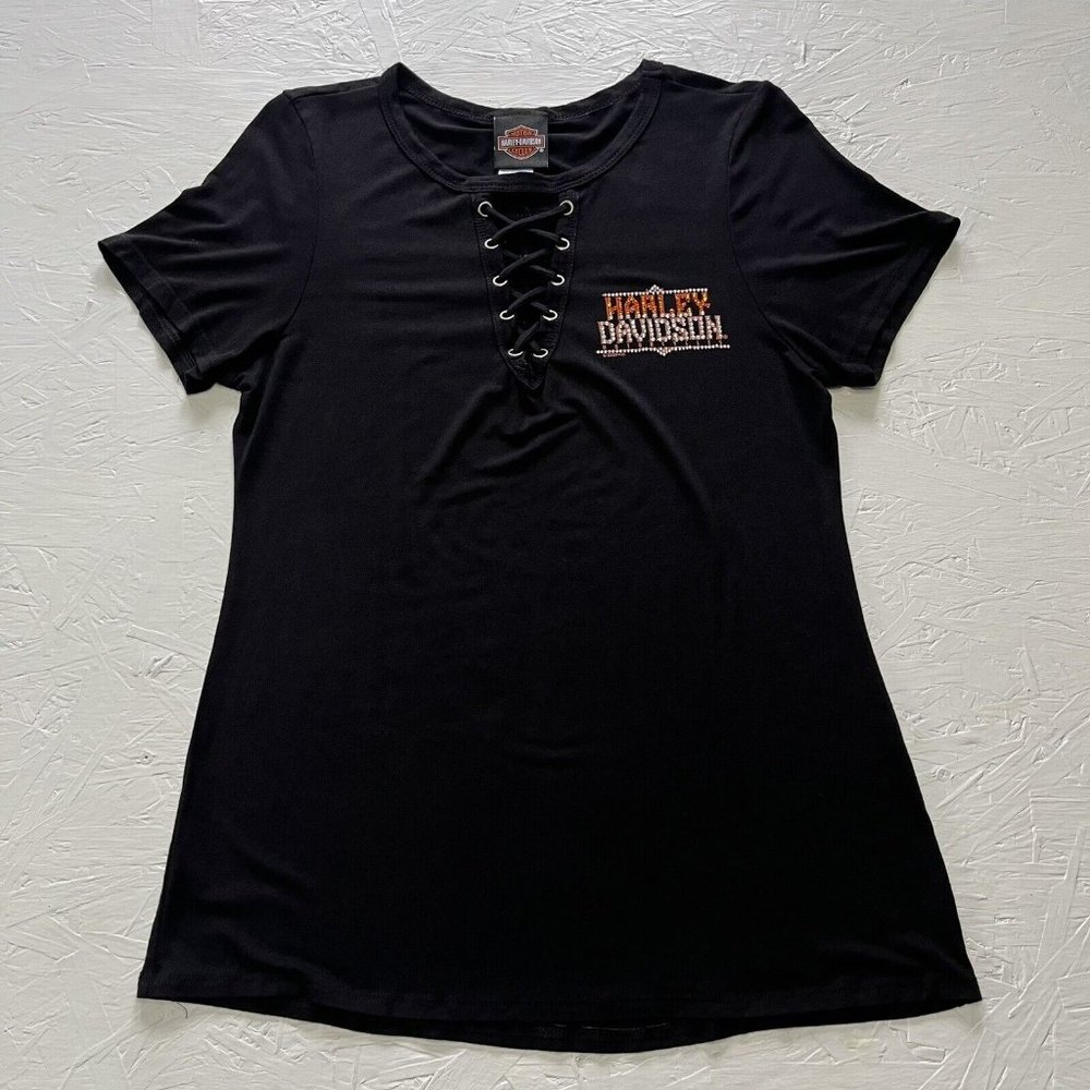 Harley Davidson Womens Embellished Logo Short Sleeve Lace Up Front Tee Sz. Small